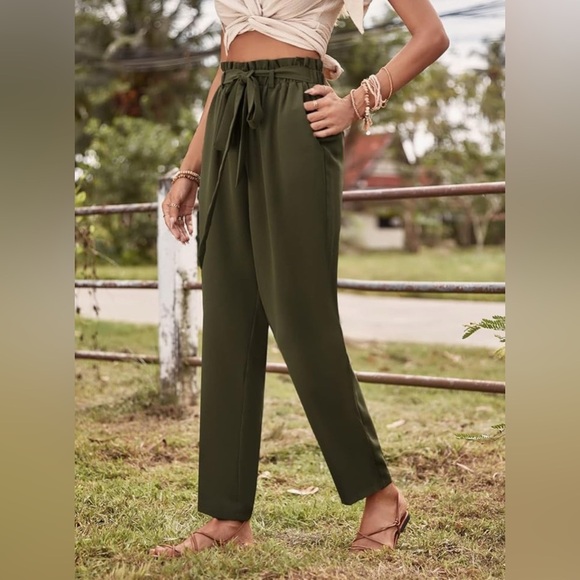 ✨Atica Medium Paperbag Waist Knot Front Pants Olive Green Women's Pants - Picture 4 of 12